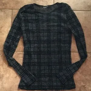 Sheer black plaid sparkly punk long sleeve top EUC stretchy glittery cool